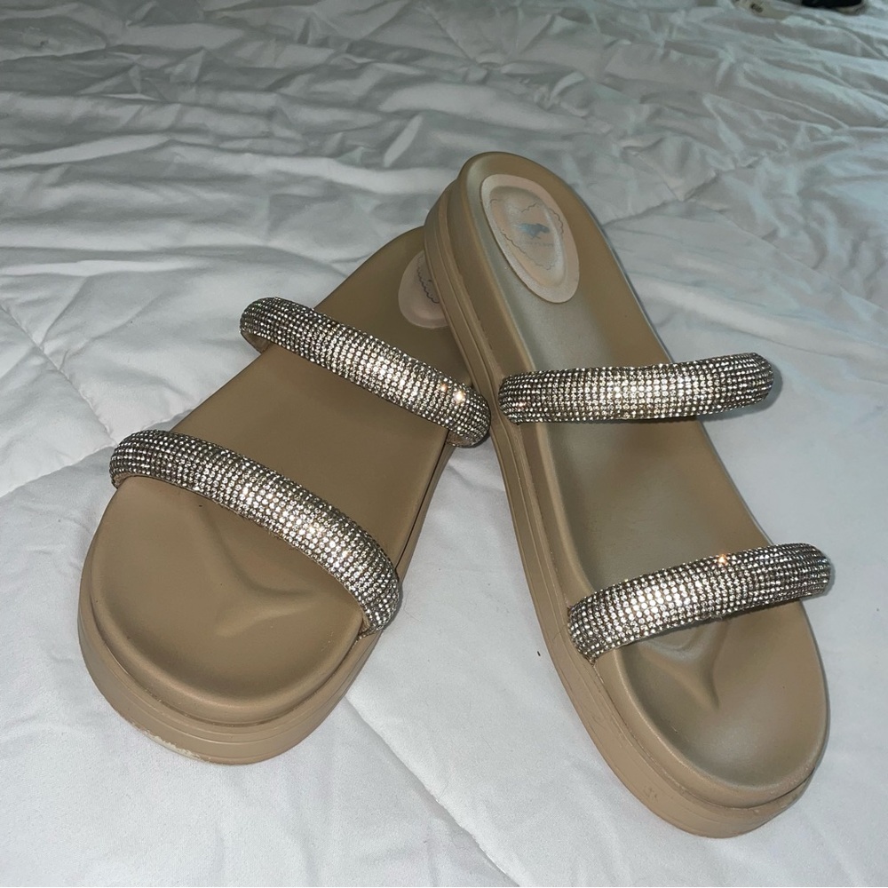 Rocket Dog Tan Slide Sandals with Rhinestone Straps